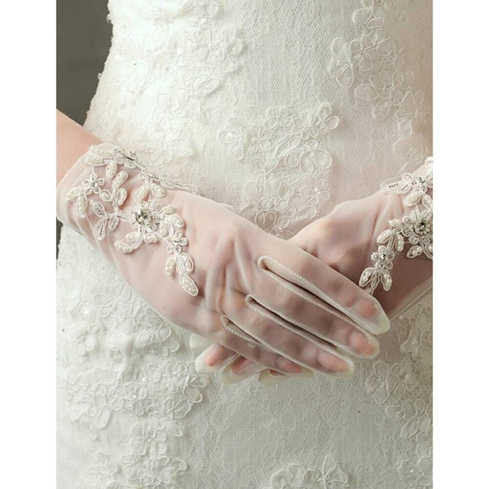 Women's Lvory Short Length Satin Wrist Gloves Stretchy Wedding Party Prom - Picture 7 of 7